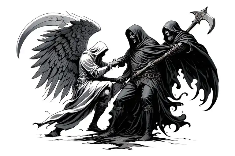 A Hooded Guardian Angel Fightng Against A Dark Grim Reaper Holding A Scythe