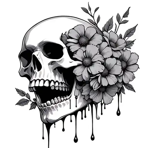 Skull With Flowers Dripping Out Of Mouth Surrounded