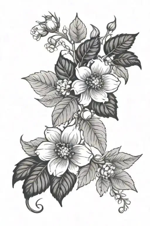 Blackberry Vine Back Tattoo With White Flowers Blooming