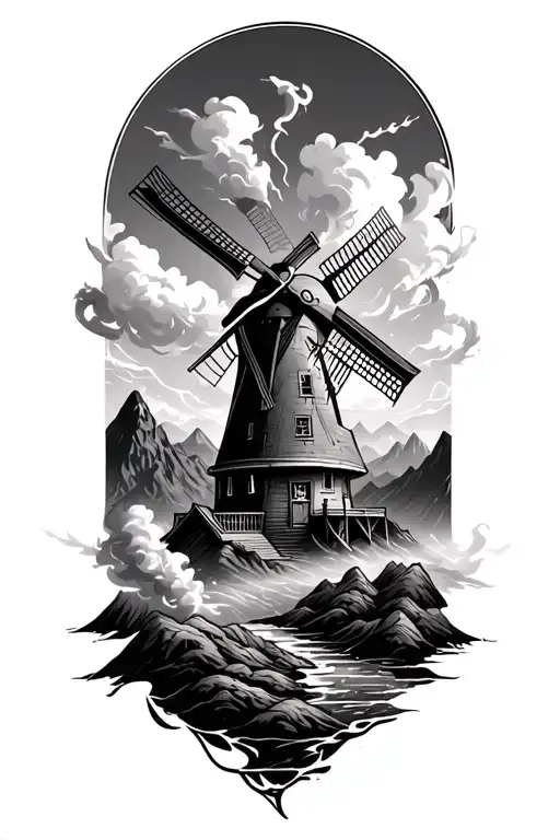 Windmill With Mountains And Smoke Forming