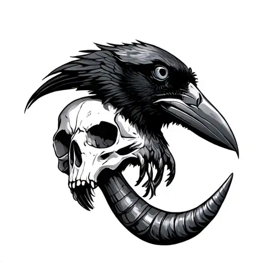 Raven On A Long Horn Skull