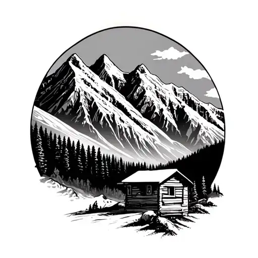 Mountain Range With Cabin Below