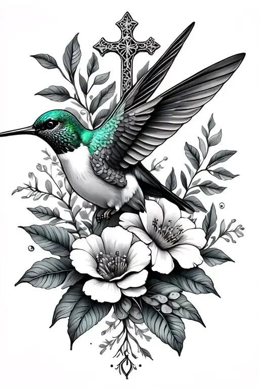 Floral With Hummingbird And Small Cross