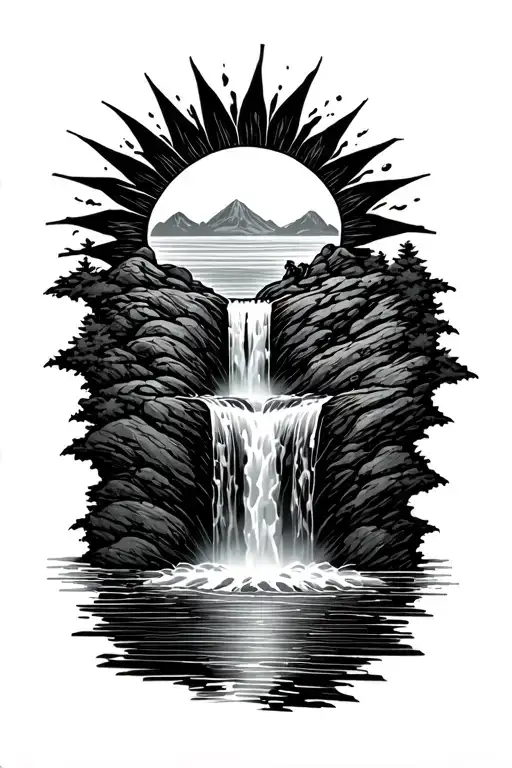 A Sun Melting Into A Waterfall That Turns Into Rain Drops