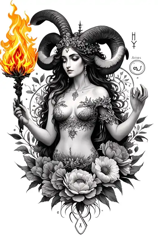 Aries Sexy Goddess Surrounded By Poeny Flowers Holding Fire With Zodiac Symbols