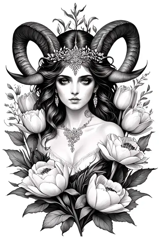 Aries Sexy Goddess Surrounded By Poeny And Tulip Flowers
