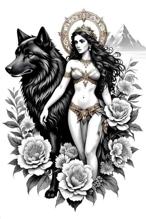 Athena Aries Sexy Goddess Surrounded By Poeny Flowers And Black Wolf With Mountains