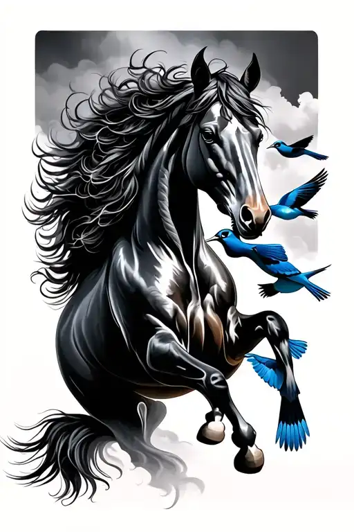 Paint Horse And Blue Jay Birds Soaring