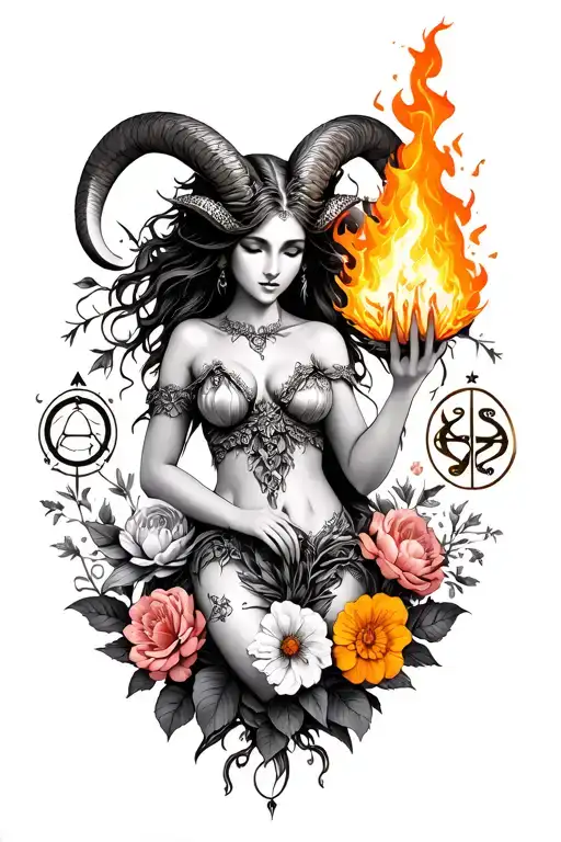 Aries Sexy Goddess Surrounded By Flowers Holding Fire With Zodiac Symbols