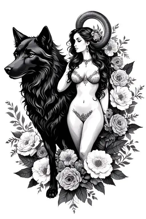 Aries Sexy Goddess Surrounded By Flowers And Black Wolf