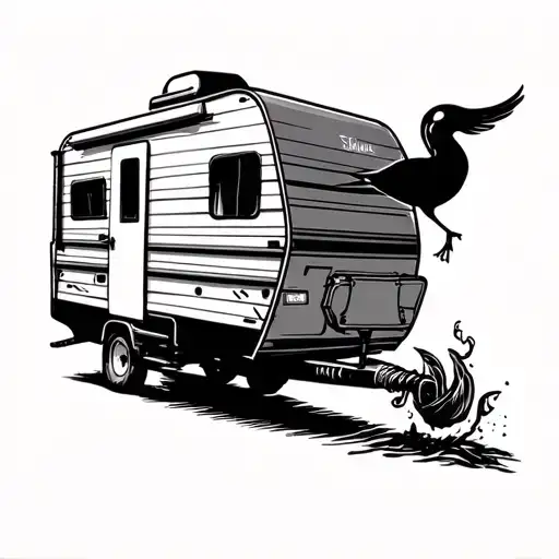 Minimalist Camper With Fine Smoke Coming Out Of The Exhaust Pipe Drawing A Straw Bird In The Tail