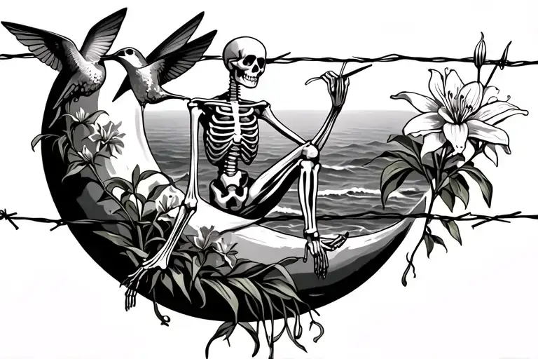 Skeleton Sitting On Half Moon Above An Ocean Holding A Hummingbird And Lilies Growing On Barbed Wire