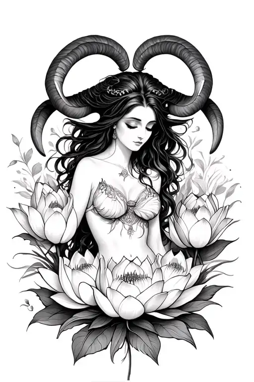 Aries Sexy Goddess Surrounded By Lotus And Tulip Flowers