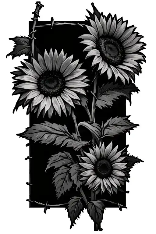 Barb Wire With Sunflowers Coming Out The Side