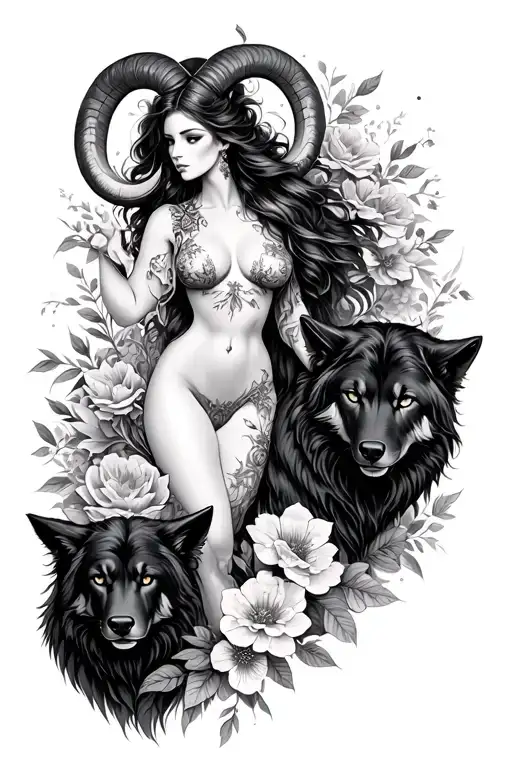 Aries Sexy Goddess Surrounded By Flowers And Black Wolves