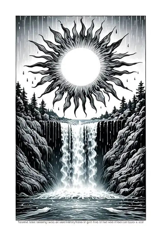 A Sun Melting Into A Waterfall That Turns Into Rain