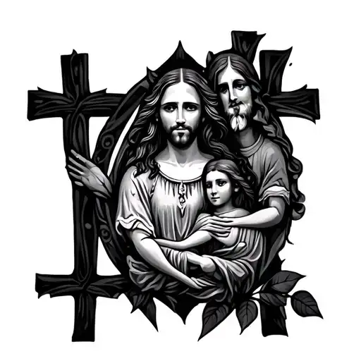 Chest And Half Sleeve Tattoo Around Cross And Family And Faith