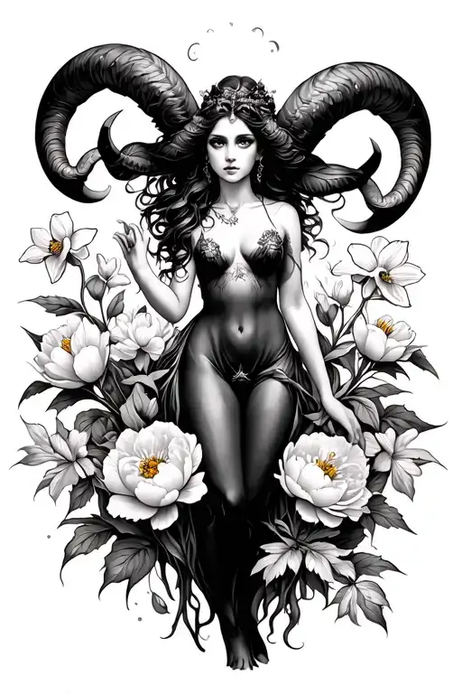 Aries Sexy Goddess Surrounded By Peony And Daffodil Flowers Growing
