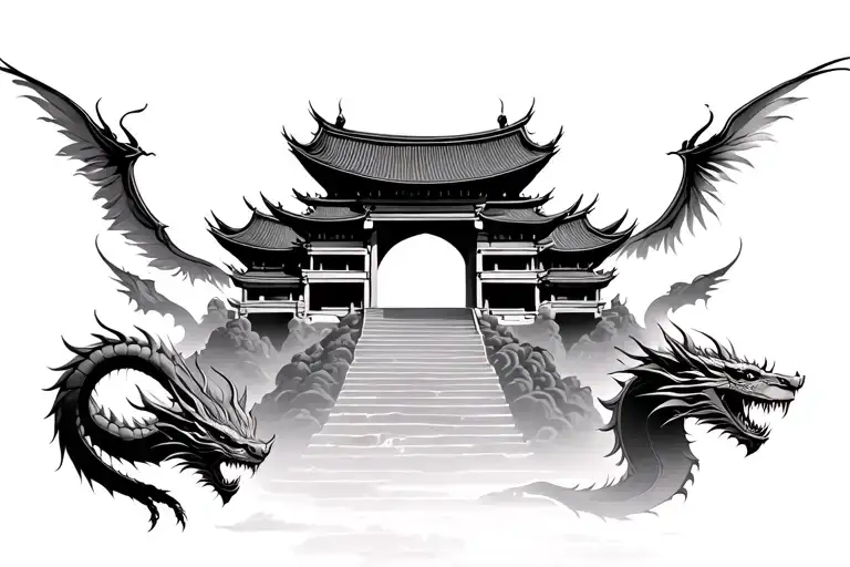 Temple With Dragon Flying Below