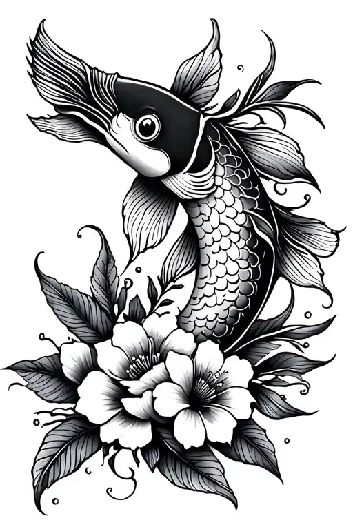 Polynesian Koi Fine Line Spine Tattoo With Flowers