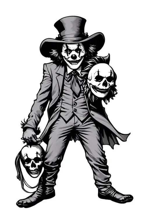 Midevil Clown Holding The Mask Of A Clown And His Face Is Skull Calf Sized Tatto