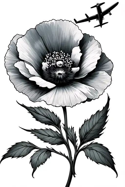 Poppy Flower With An Airplane Flying