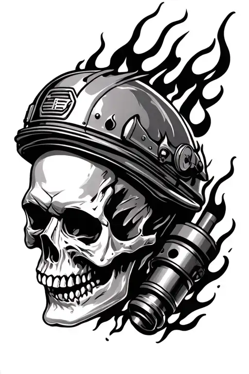 Piston Going Through Skull With Flames Coming Out And A Fire Helmet