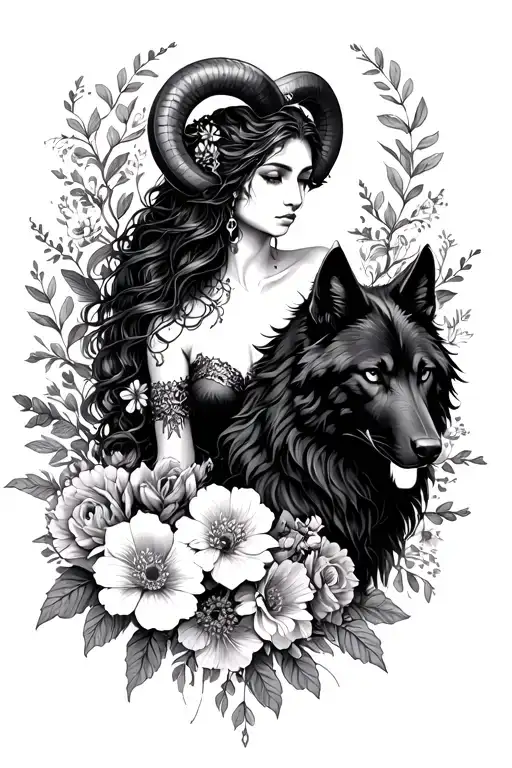 Aries Sexy Goddess Surrounded By Flowers And Black Wolf