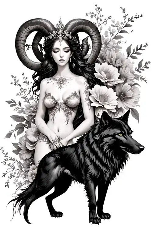 Aries Sexy Goddess Surrounded By Flowers And Black Wolf