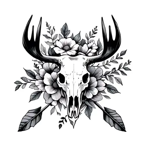 Moose Skull With Arrow Going Through The Middle With Flowers