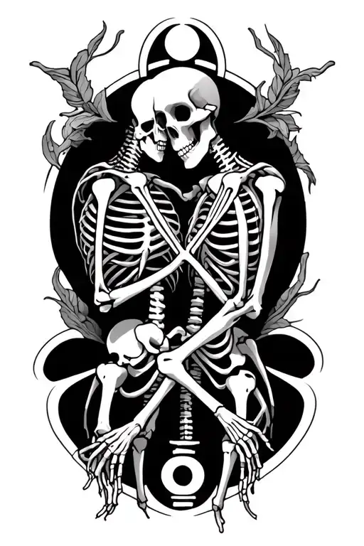 Karma Symbol Within Skeletons Holding Each Other Lovingly
