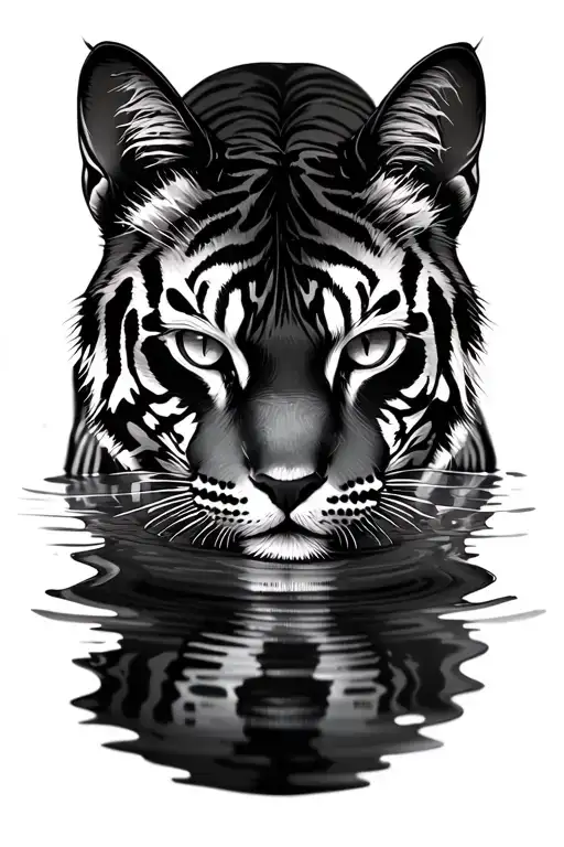 Cat Reflecting In Water With Tiger