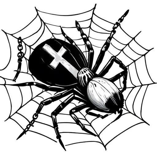 Simple Tattoo Sketch Spider On Web With A Cross On Back And Chains