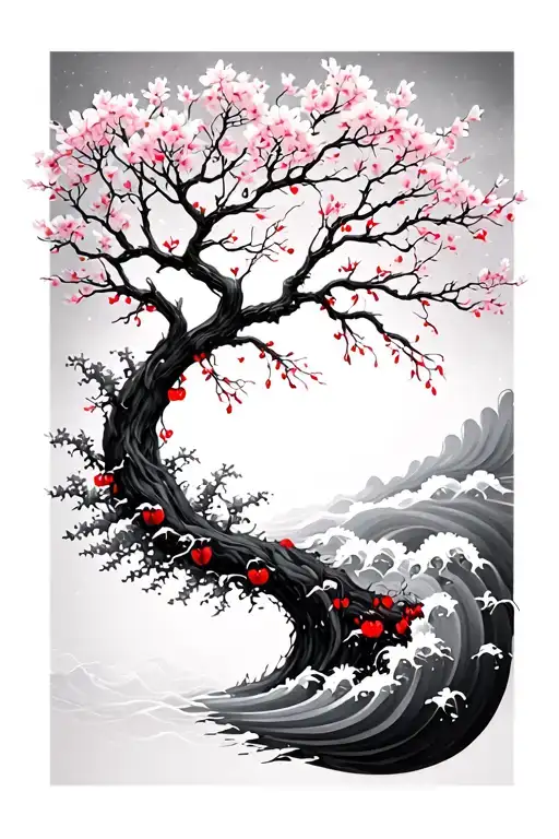 Tree Of Life With Cherry Blossoms Waves Red Thread