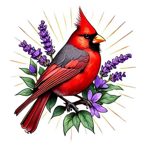 Lavender Flowers Sun Rays Red Cardinal