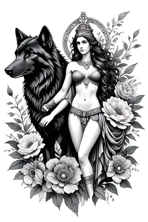 Athena Sexy Goddess Surrounded By Poeny Flowers And Black Wolf With Mountains