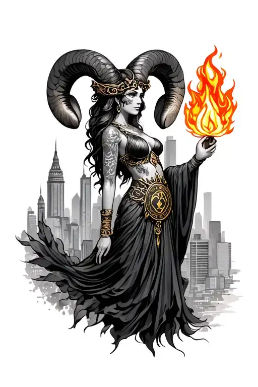 Aries Sexy Goddess In The City Holding Fire With Zodiac Symbols