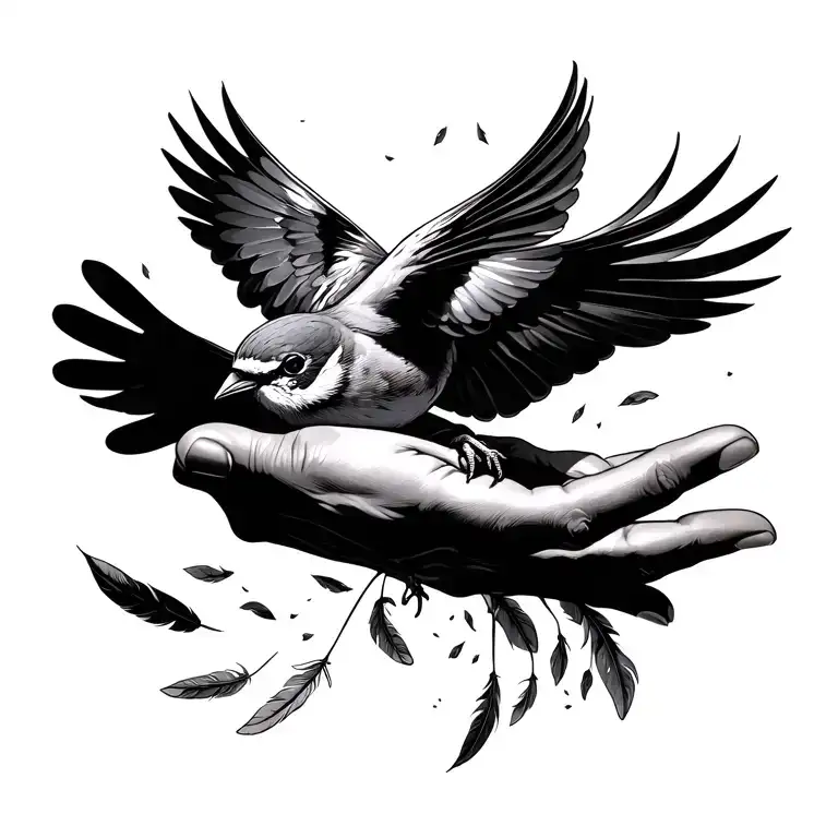 Sparrow Flying Out Of Man Hands With A Few Feathers Falling Out