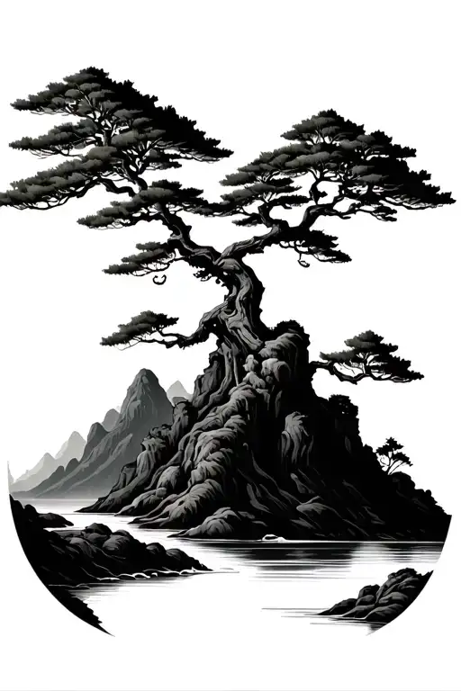 Bonsai Tree In Mountains River Flowing