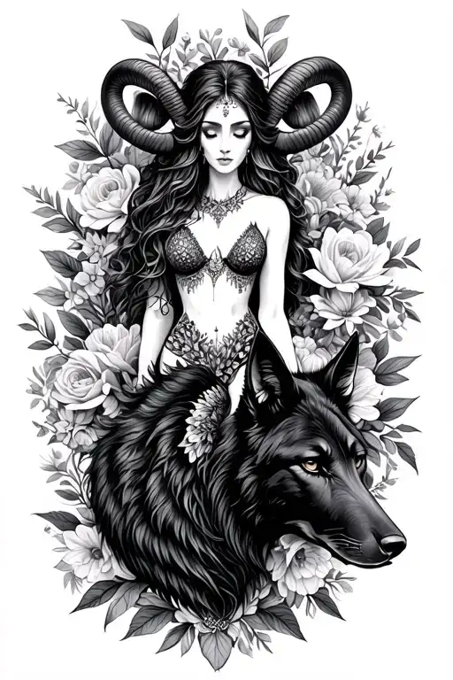 Aries Sexy Goddess Surrounded By Flowers And Black Wolfs