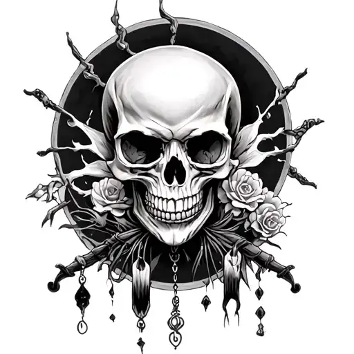 Full Back Tattoo Skull Base With A Shinigami And A Silloutte Hanging