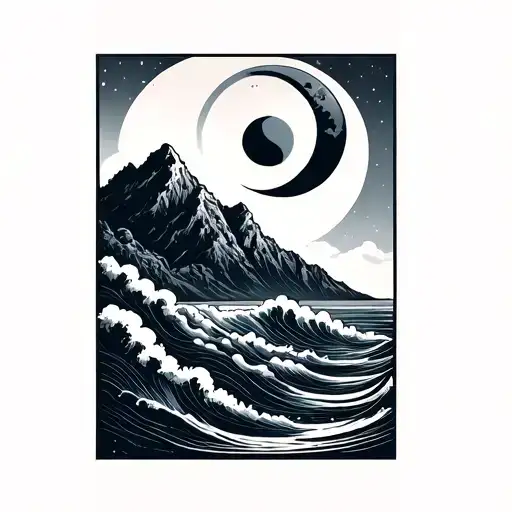 Mountain Sea With Sun And Moon In Circles And Minimalist Line