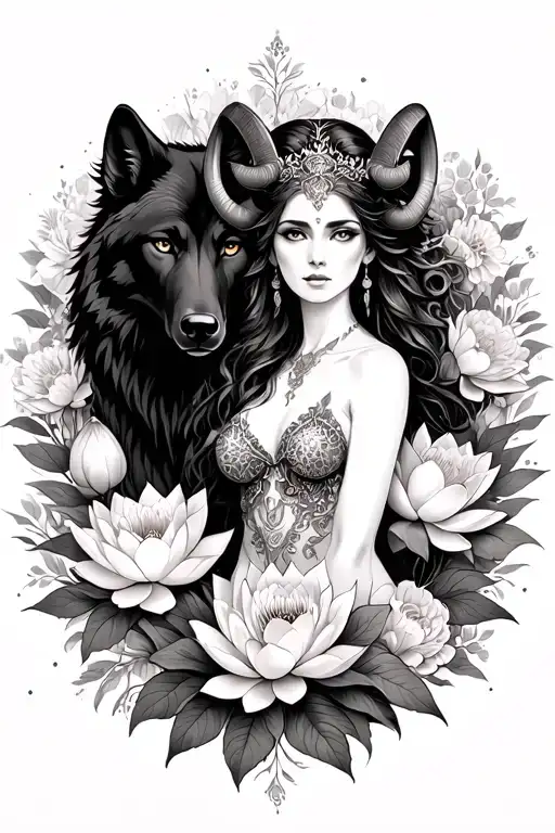 Aries Sexy Goddess Surrounded By Poeny And Lotus Flowers And Black Wolf