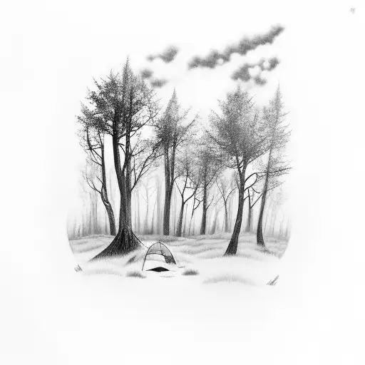 Forest With Smal Tent In It And The Sky With Clouds And A Lightning