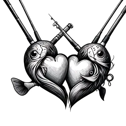 Two Fishing Rods Catching One Heart Intertwined