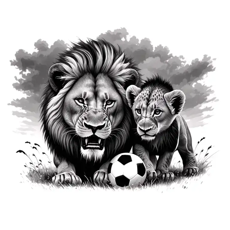 Realistic Angry Lion And Cubs Playing Soccer Ball Made