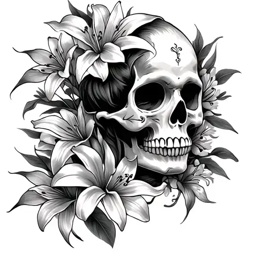 Sugar Skull Side Profile With Lillies