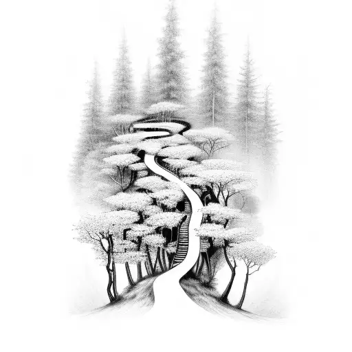 A Winding Road Leading Into A Magical Forest With Enchanting Creatures