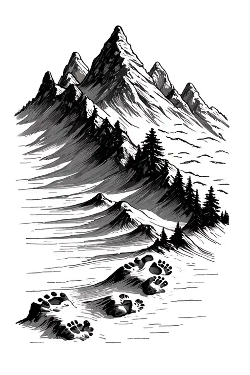 Outline Of Mountain Tops With Three Children's Footprints At Base Of Mountain