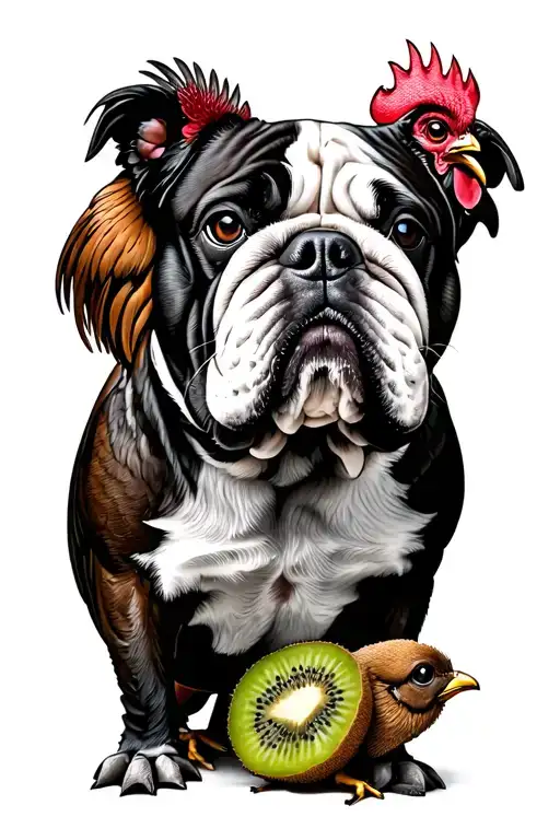 English Bulldog With A Kiwi Bird And A Rooster Standing Proudly